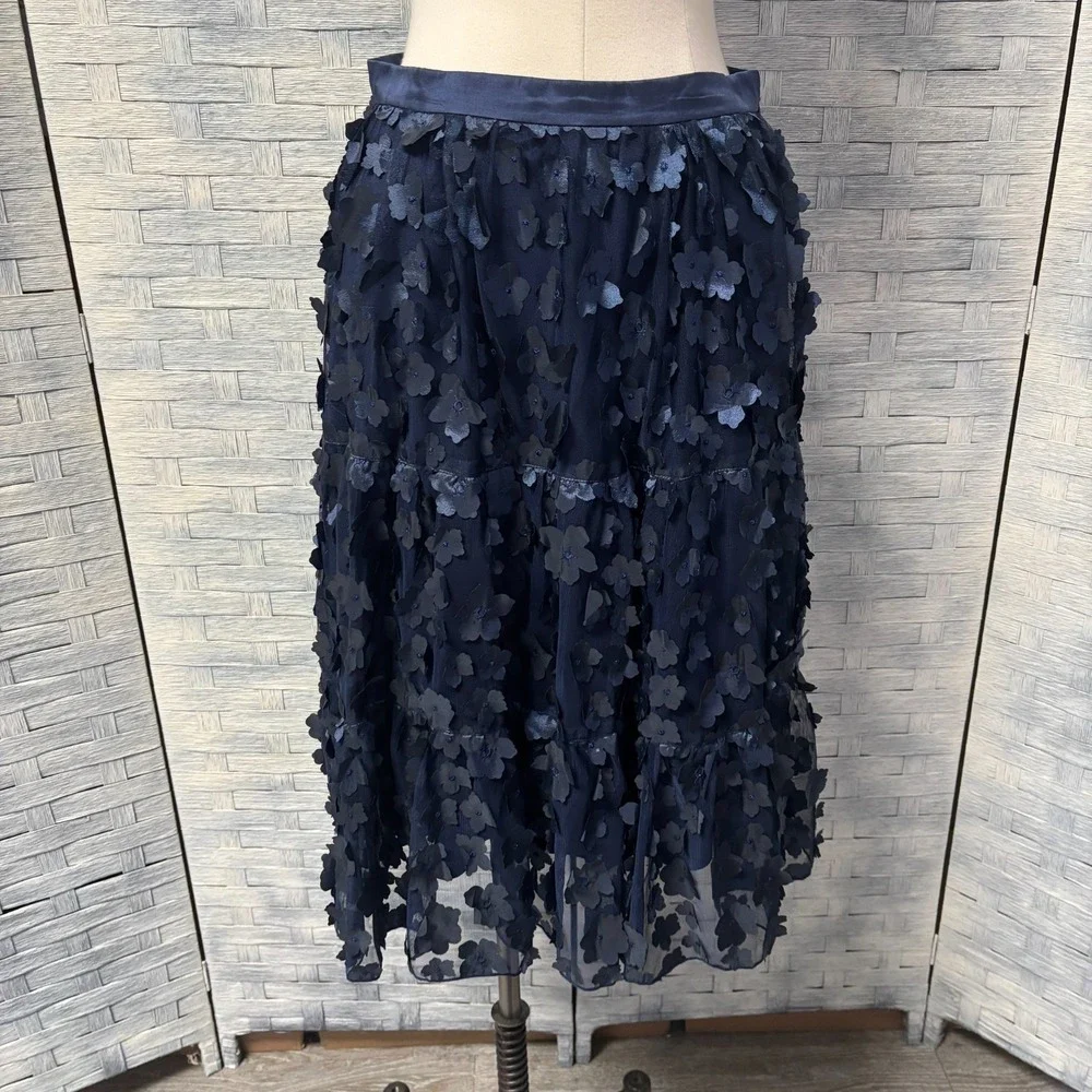 Eva‎ Franco Navy Blue Tiered Skirt Floral Applique Mesh Midi 6